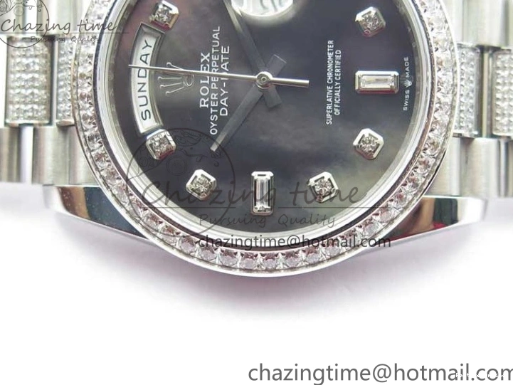 0517 SmoothTexture Day-Date 36mm 128239 SS Crystal BP Best Edition Black MOP Crystal Marker Dial on SS President Bracelet A 2681